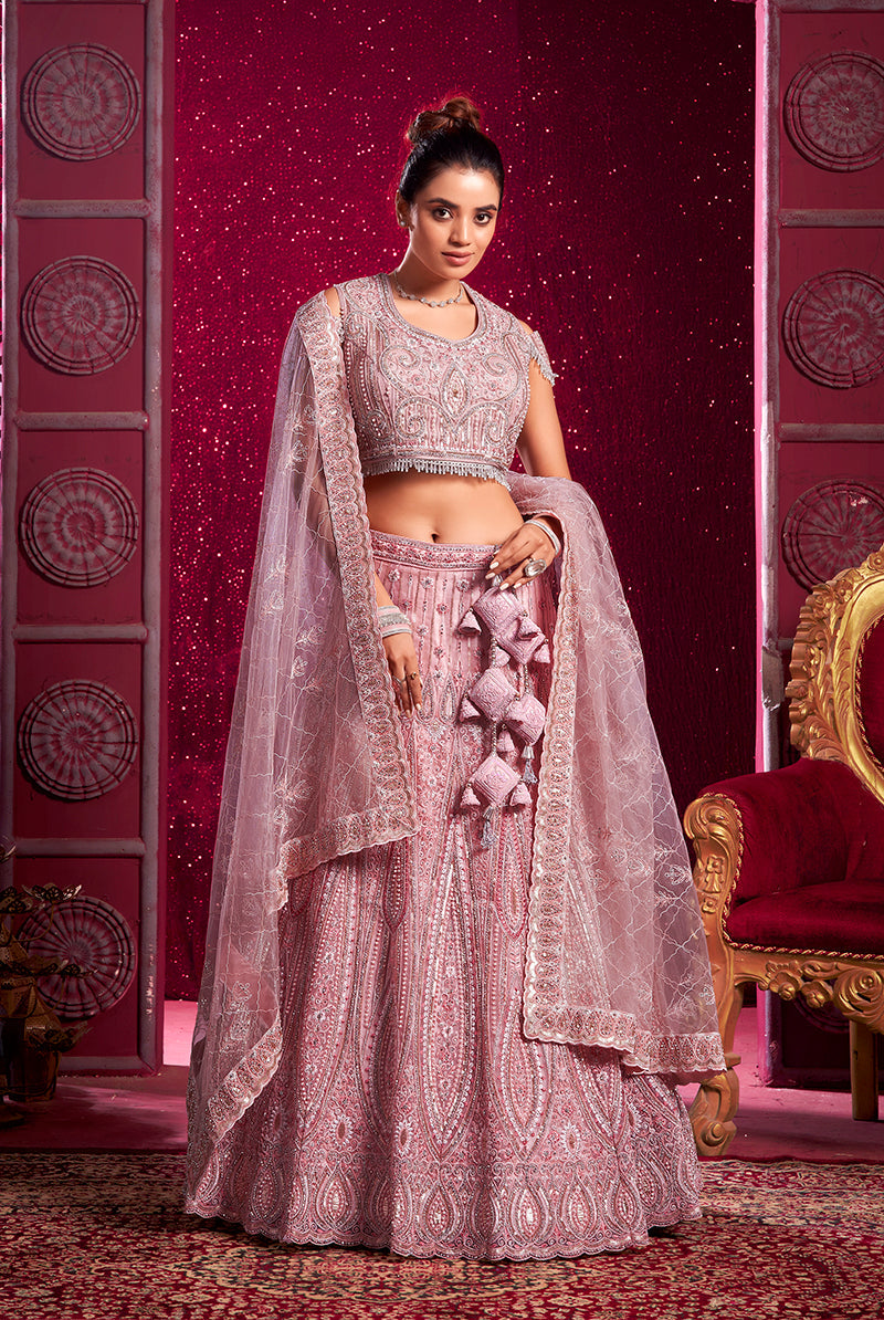 Monjolika Fashion Net Embroidered And Sequin Work Wedding Lehenga Choli in Pink - Swadesiicart