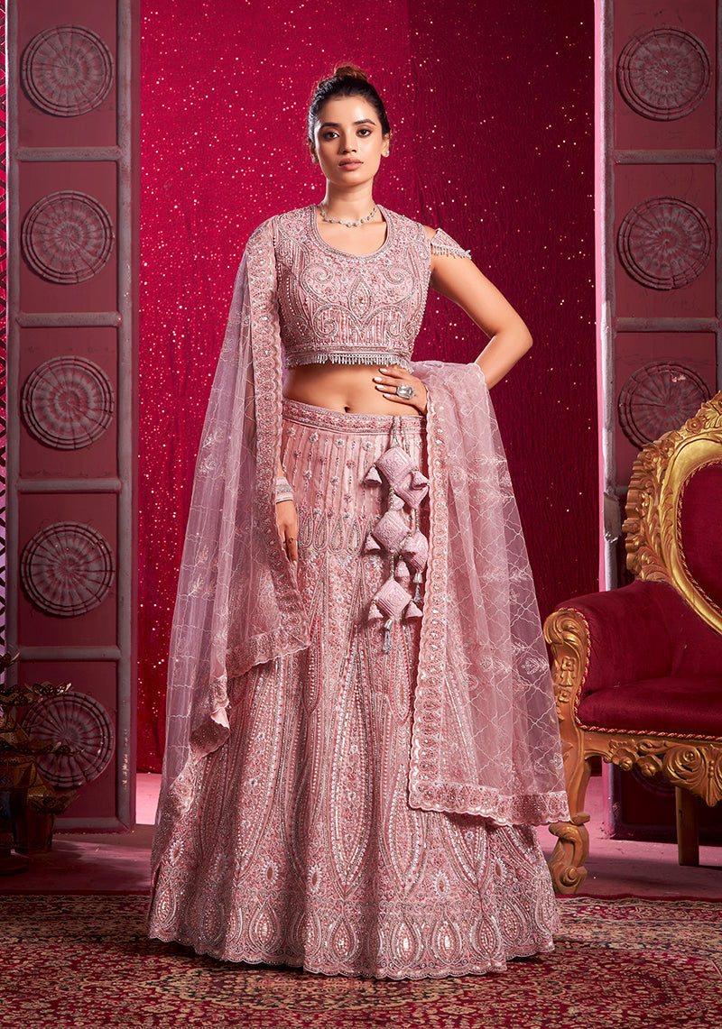 Monjolika Fashion Net Embroidered And Sequin Work Wedding Lehenga Choli in Pink - Swadesiicart