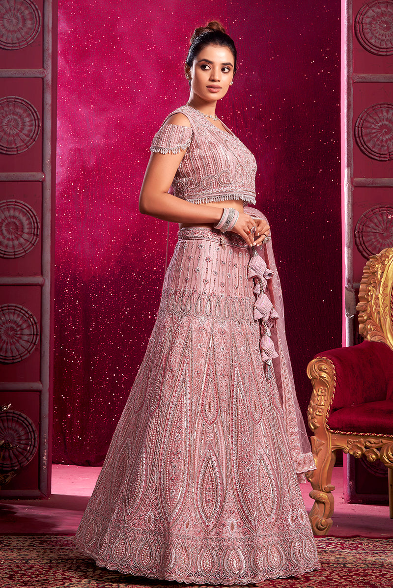 Monjolika Fashion Net Embroidered And Sequin Work Wedding Lehenga Choli in Pink - Swadesiicart
