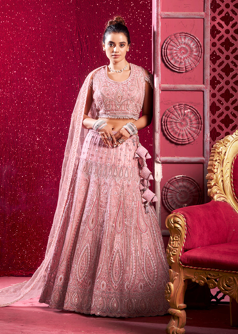 Monjolika Fashion Net Embroidered And Sequin Work Wedding Lehenga Choli in Pink - Swadesiicart