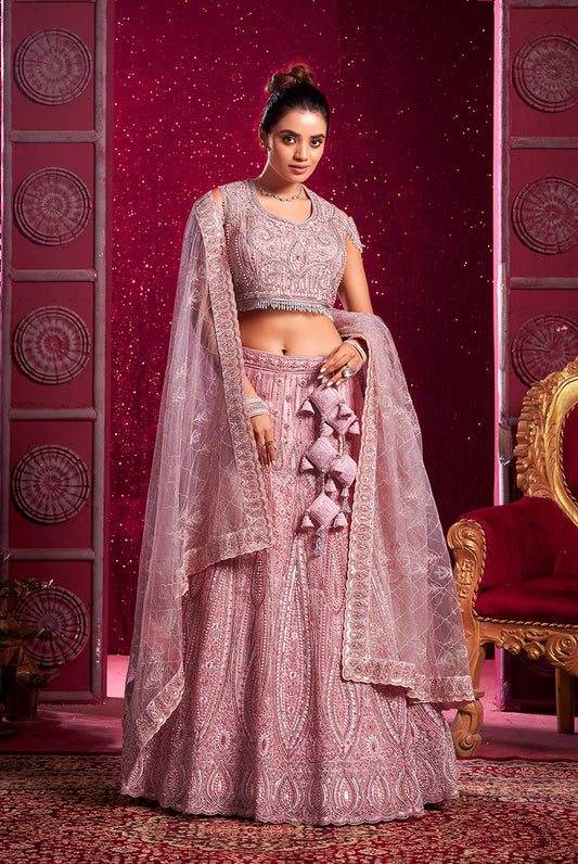 Monjolika Fashion Net Embroidered And Sequin Work Wedding Lehenga Choli in Pink - Swadesiicart