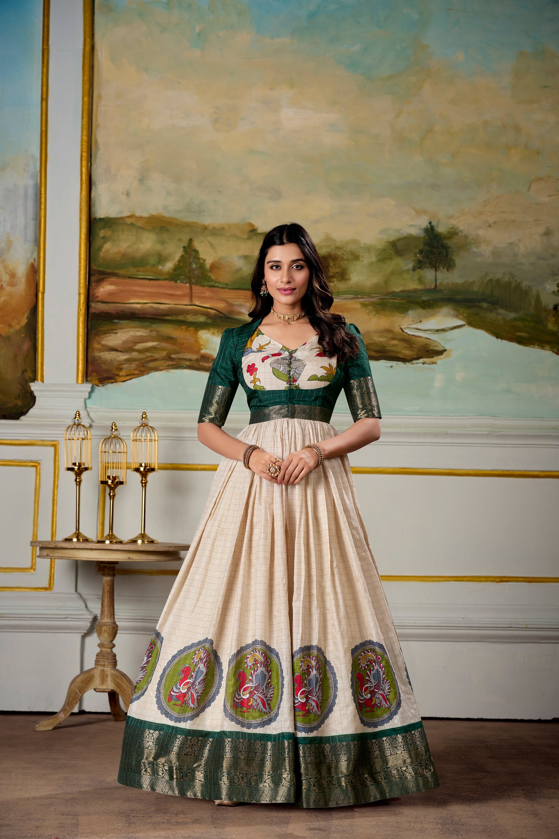 Lorenvalley Fashion Cream and Green Dola Silk Kalamkari Print With Zari Weaving Broder Gown with Koti | Swadesiicart