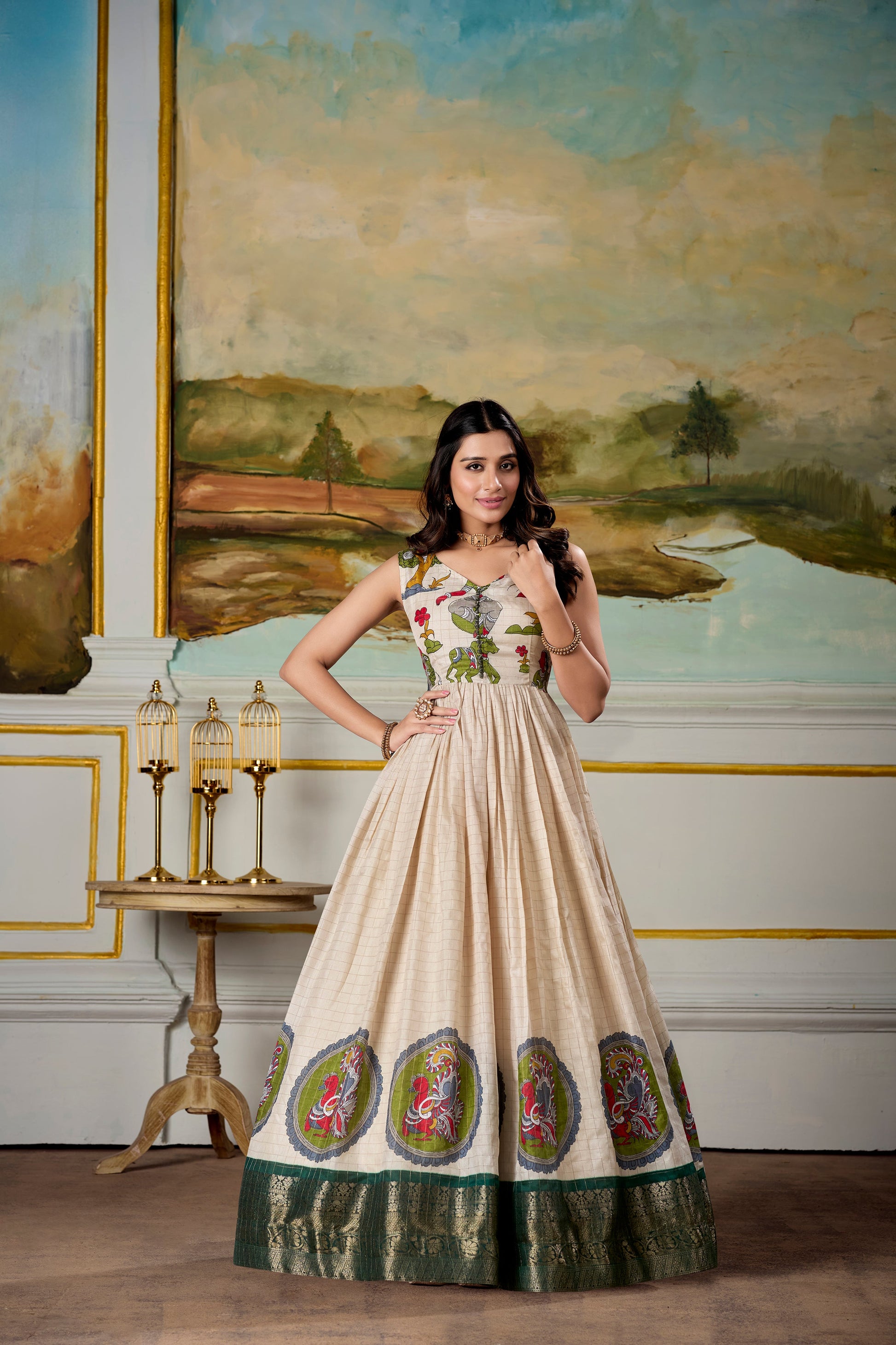Lorenvalley Fashion Cream and Green Dola Silk Kalamkari Print With Zari Weaving Broder Gown with Koti | Swadesiicart
