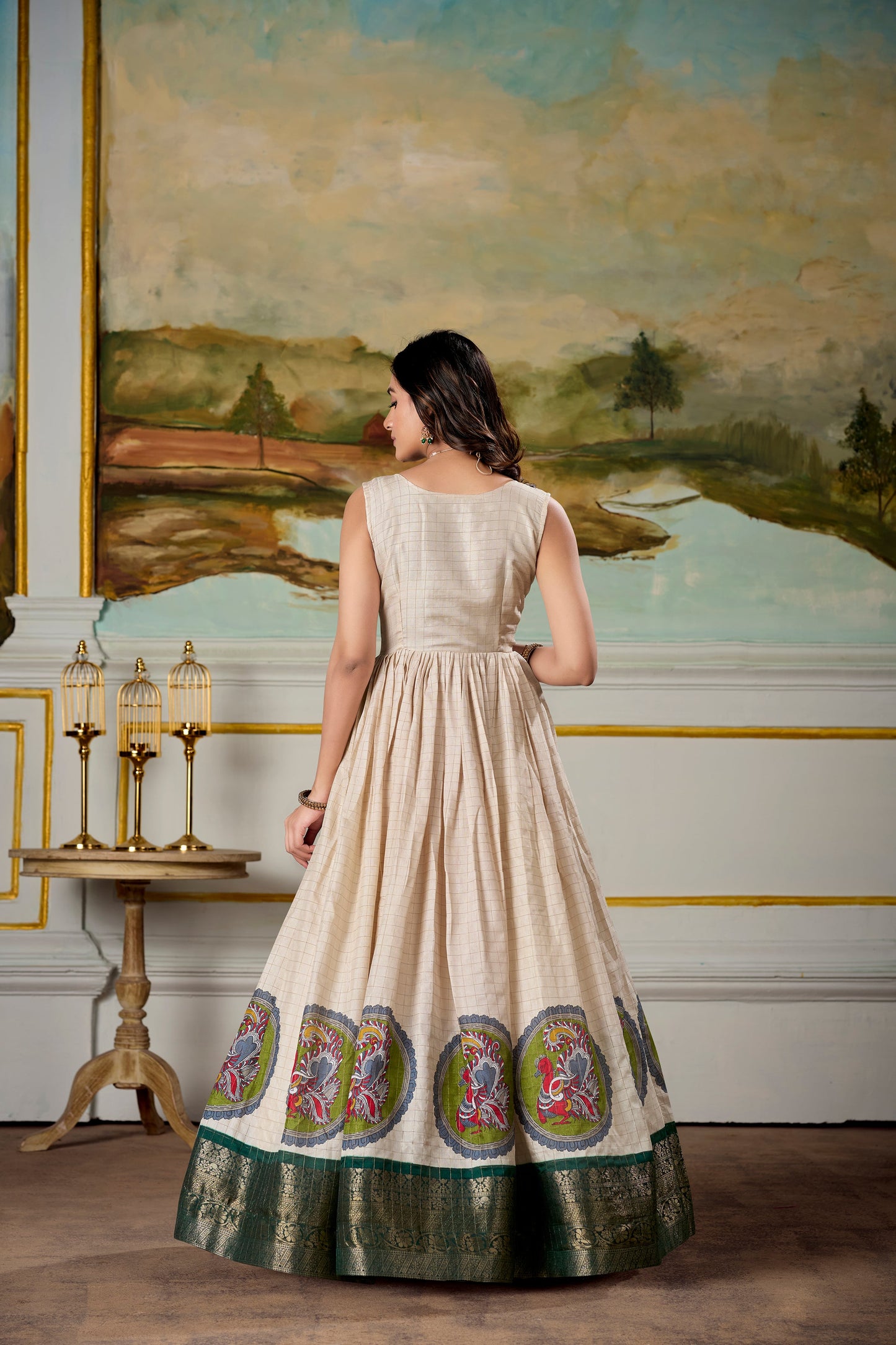 Lorenvalley Fashion Cream and Green Dola Silk Kalamkari Print With Zari Weaving Broder Gown with Koti | Swadesiicart