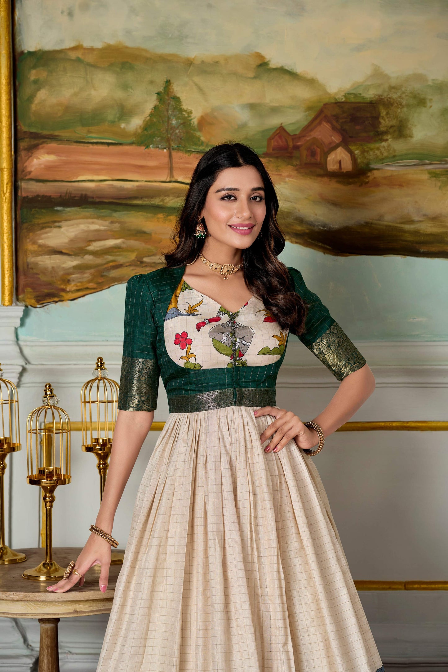 Lorenvalley Fashion Cream and Green Dola Silk Kalamkari Print With Zari Weaving Broder Gown with Koti | Swadesiicart