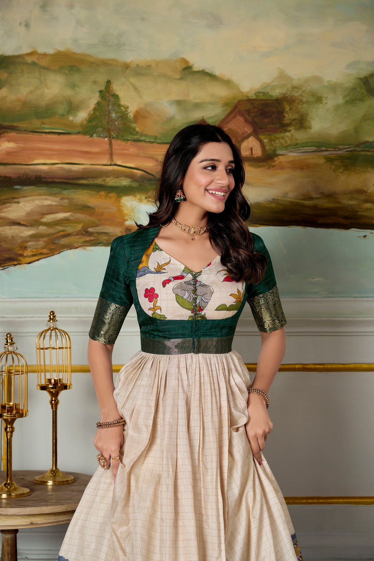 Lorenvalley Fashion Cream and Green Dola Silk Kalamkari Print With Zari Weaving Broder Gown with Koti | Swadesiicart