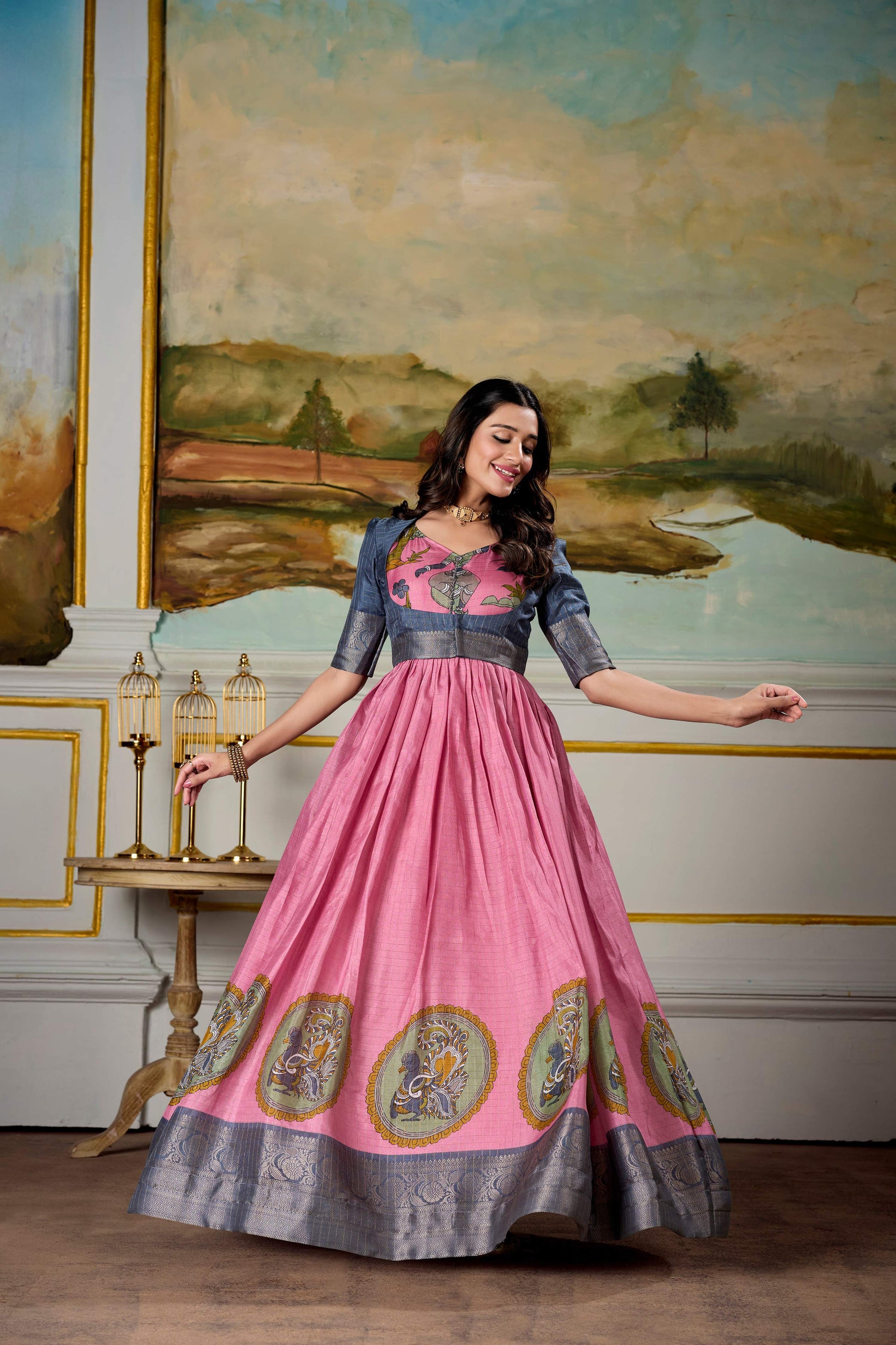 Lorenvalley Fashion Pink and Grey Dola Silk Kalamkari Print With Zari Weaving Broder Gown with Koti - Swadesiicart