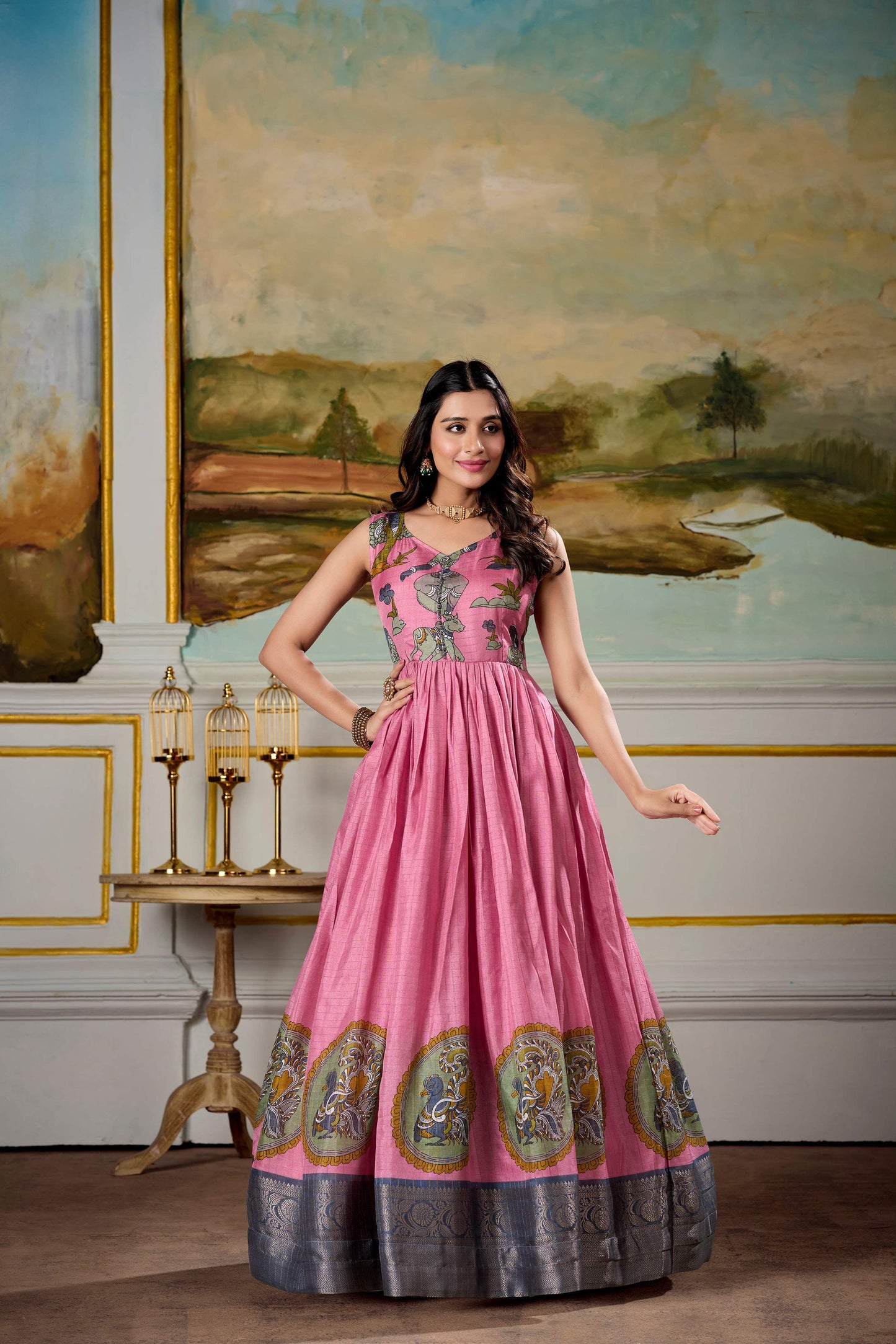 Lorenvalley Fashion Pink and Grey Dola Silk Kalamkari Print With Zari Weaving Broder Gown with Koti - Swadesiicart