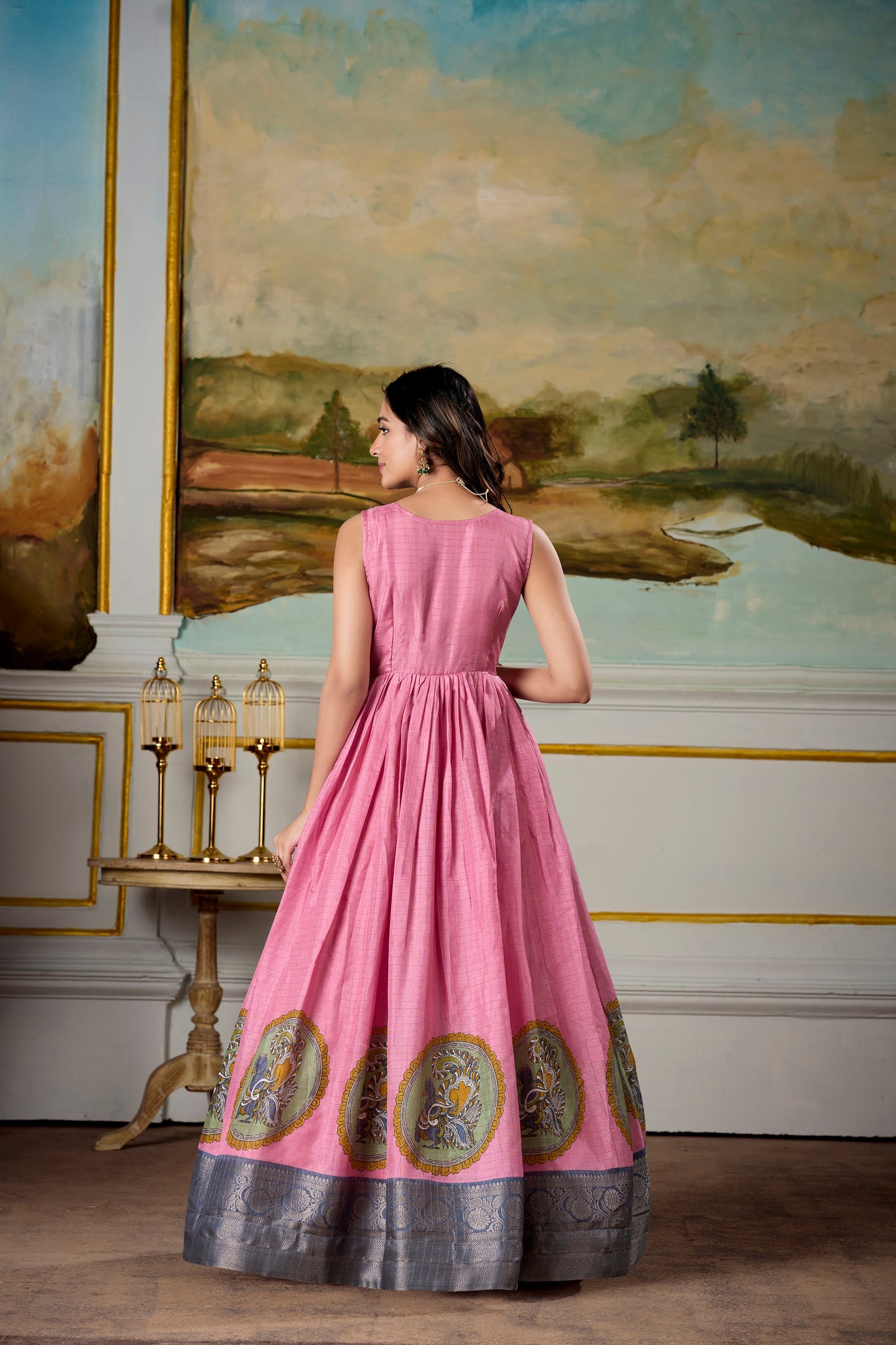 Lorenvalley Fashion Pink and Grey Dola Silk Kalamkari Print With Zari Weaving Broder Gown with Koti - Swadesiicart