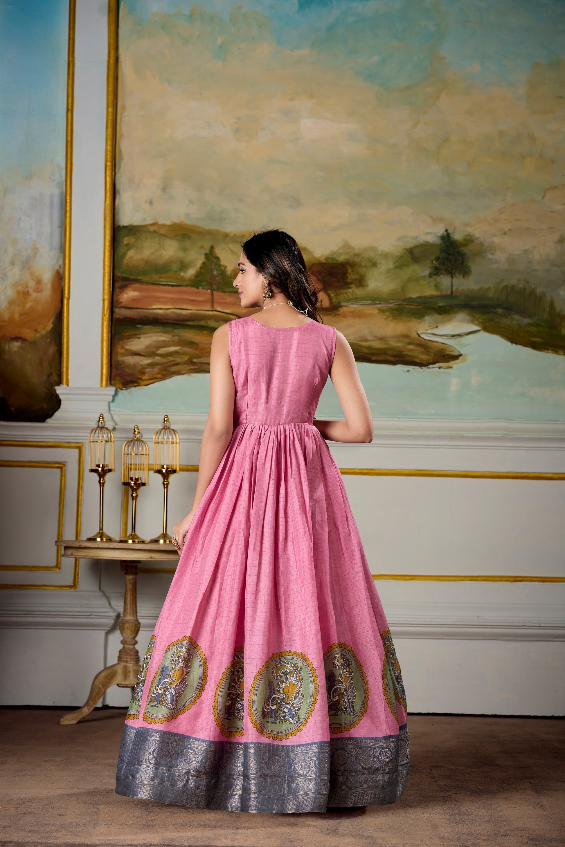 Lorenvalley Fashion Pink and Grey Dola Silk Kalamkari Print With Zari Weaving Broder Gown with Koti - Swadesiicart