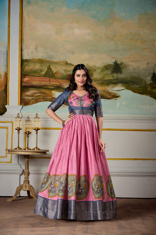 Lorenvalley Fashion Pink and Grey Dola Silk Kalamkari Print With Zari Weaving Broder Gown with Koti - Swadesiicart