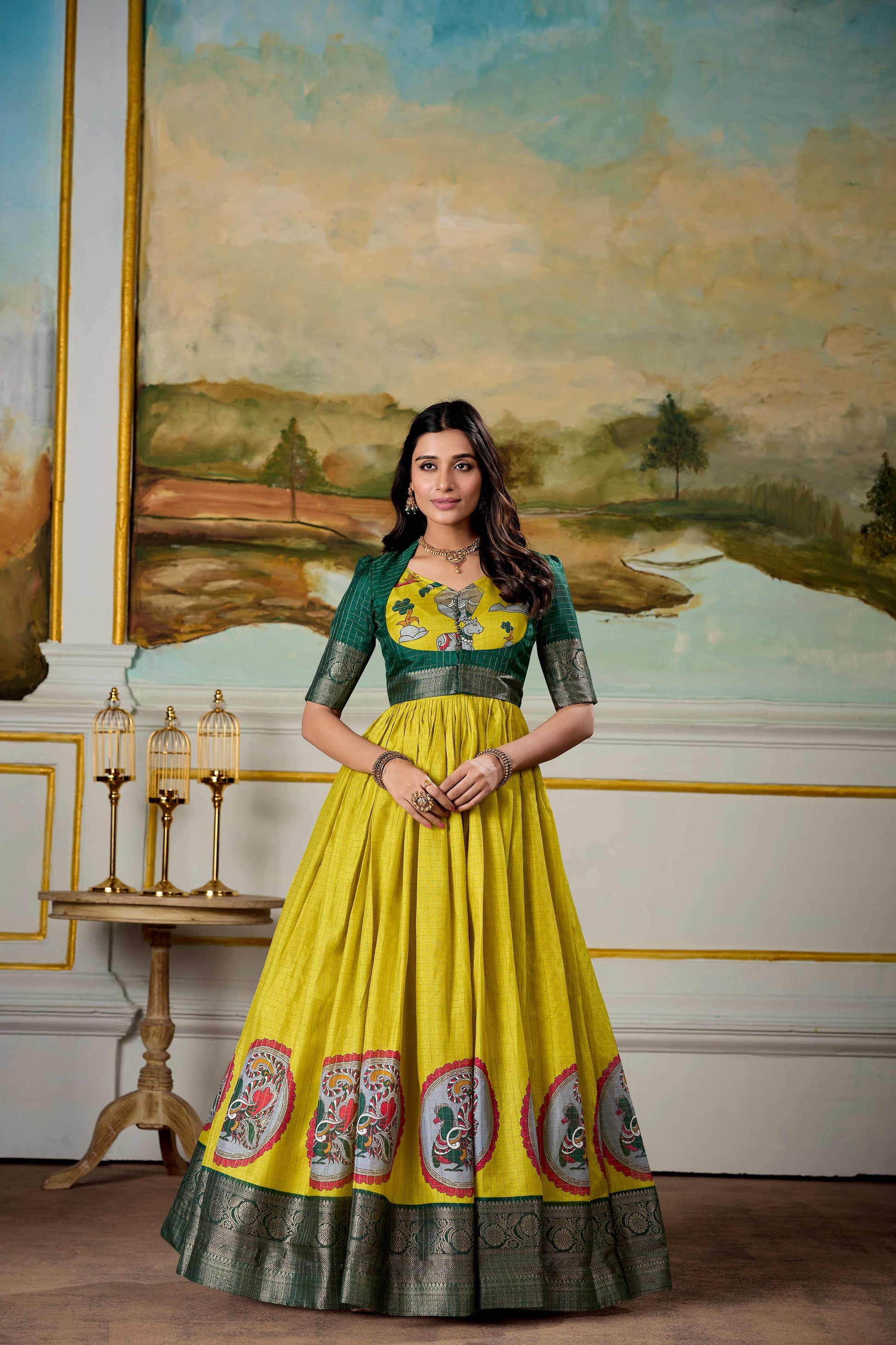 Lorenvalley Fashion Parrot and Green Dola Silk Kalamkari Print With Zari Weaving Broder Gown with Koti - Swadesiicart