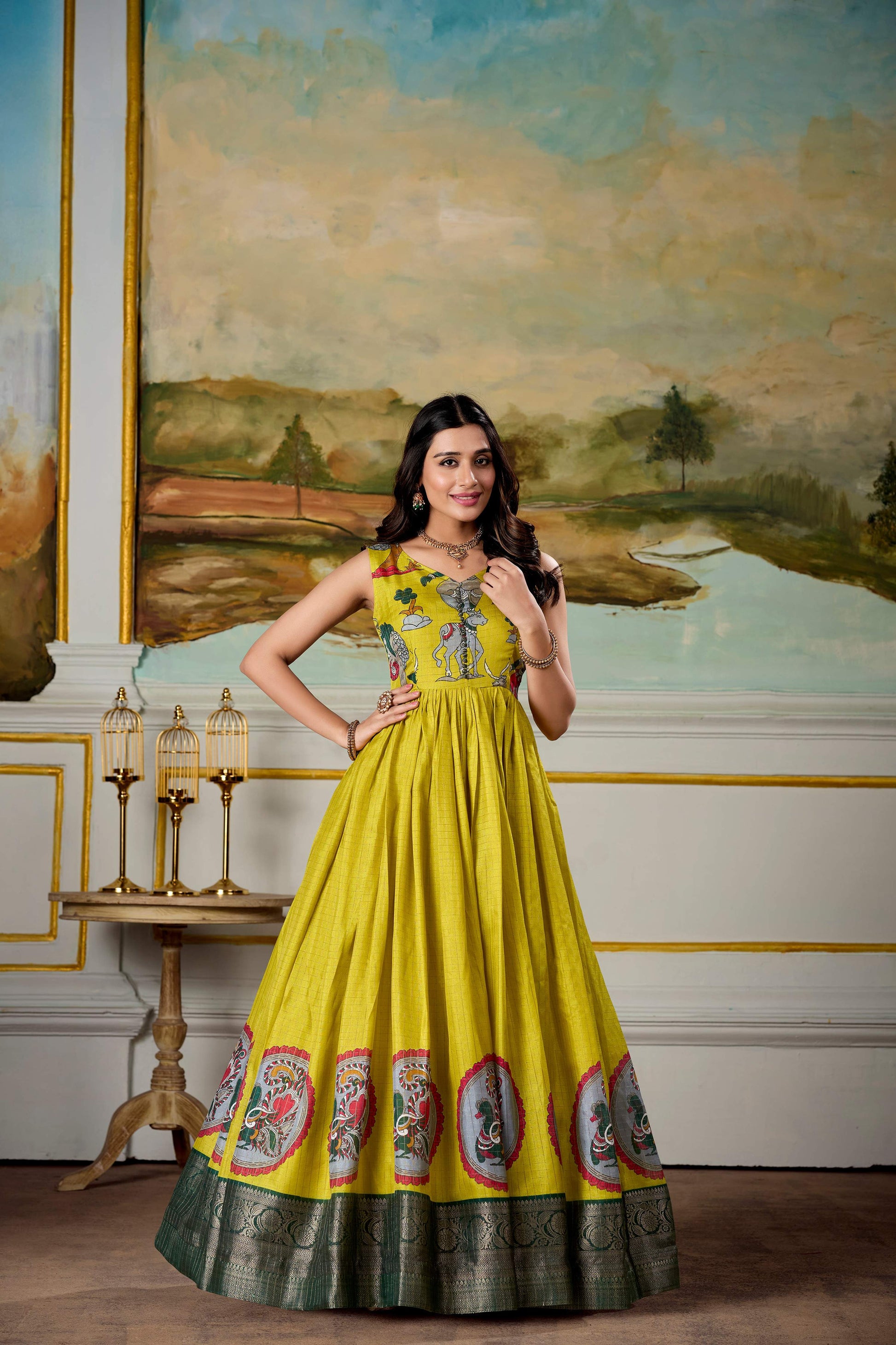 Lorenvalley Fashion Parrot and Green Dola Silk Kalamkari Print With Zari Weaving Broder Gown with Koti - Swadesiicart