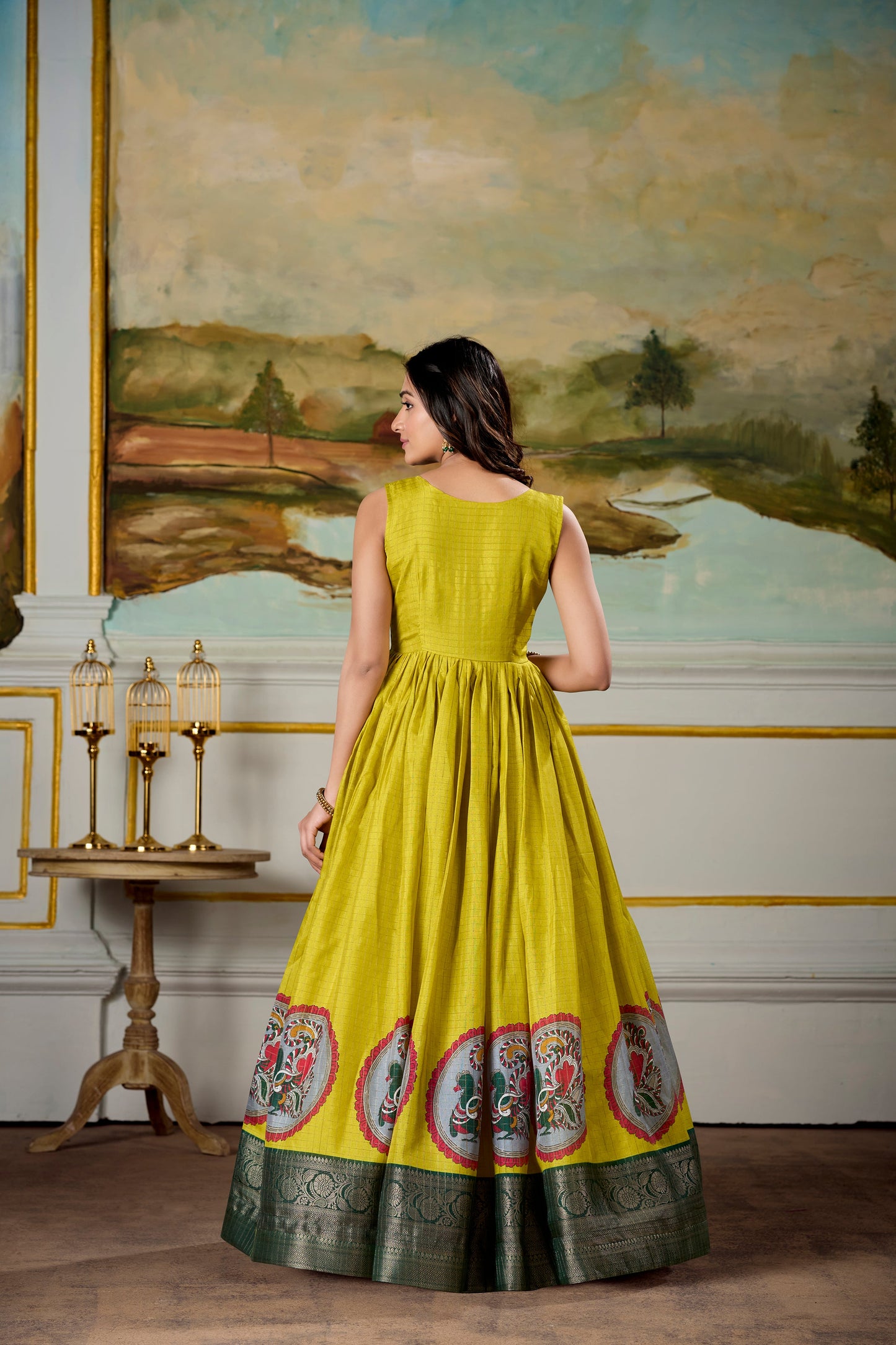 Lorenvalley Fashion Parrot and Green Dola Silk Kalamkari Print With Zari Weaving Broder Gown with Koti - Swadesiicart