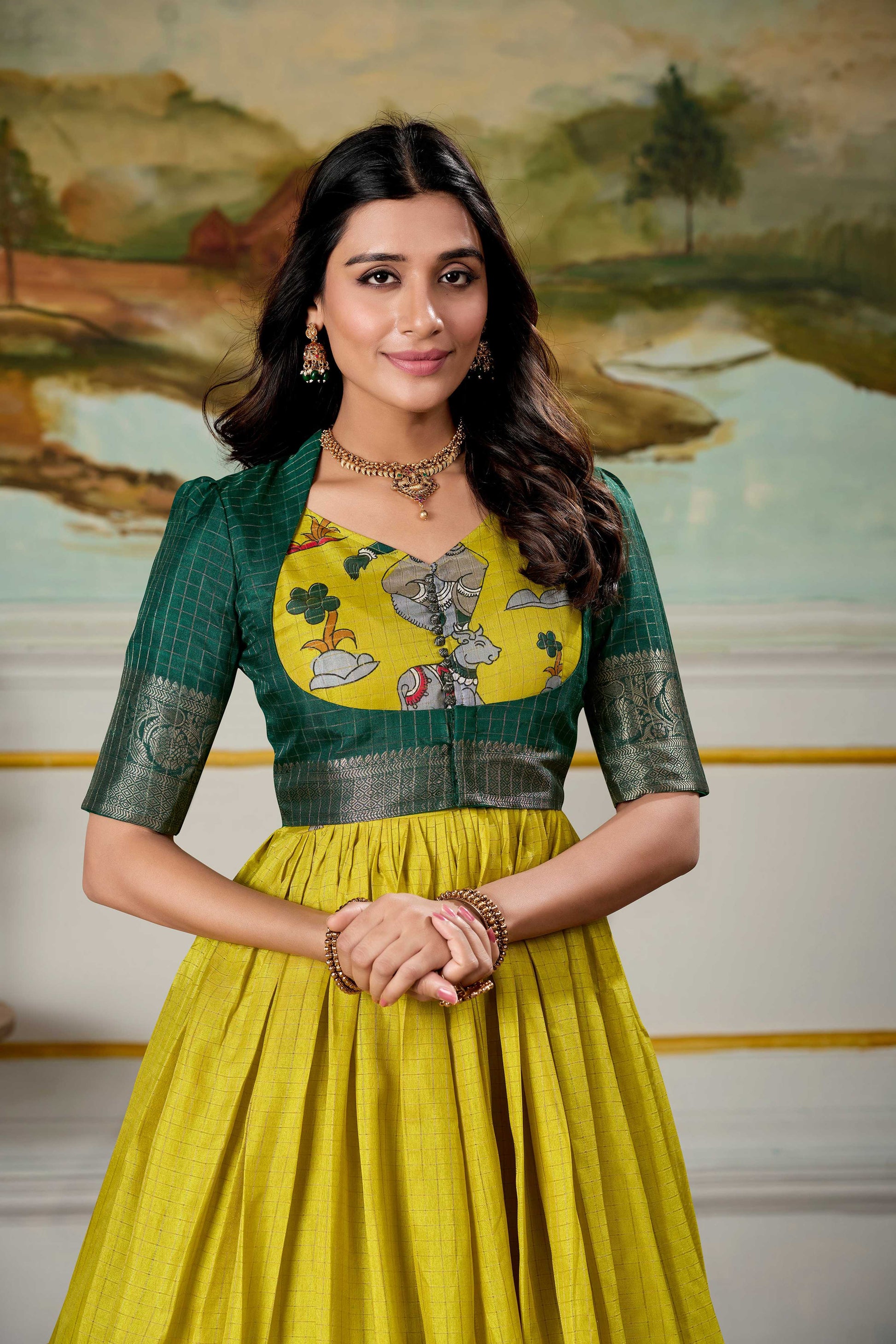 Lorenvalley Fashion Parrot and Green Dola Silk Kalamkari Print With Zari Weaving Broder Gown with Koti - Swadesiicart