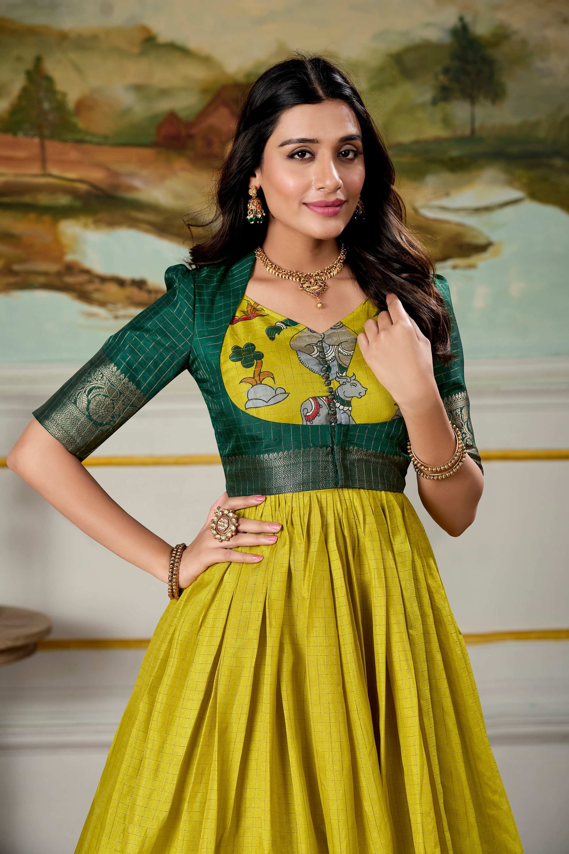 Lorenvalley Fashion Parrot and Green Dola Silk Kalamkari Print With Zari Weaving Broder Gown with Koti - Swadesiicart