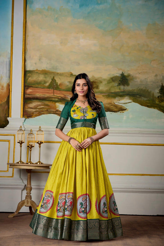 Lorenvalley Fashion Parrot and Green Dola Silk Kalamkari Print With Zari Weaving Broder Gown with Koti - Swadesiicart