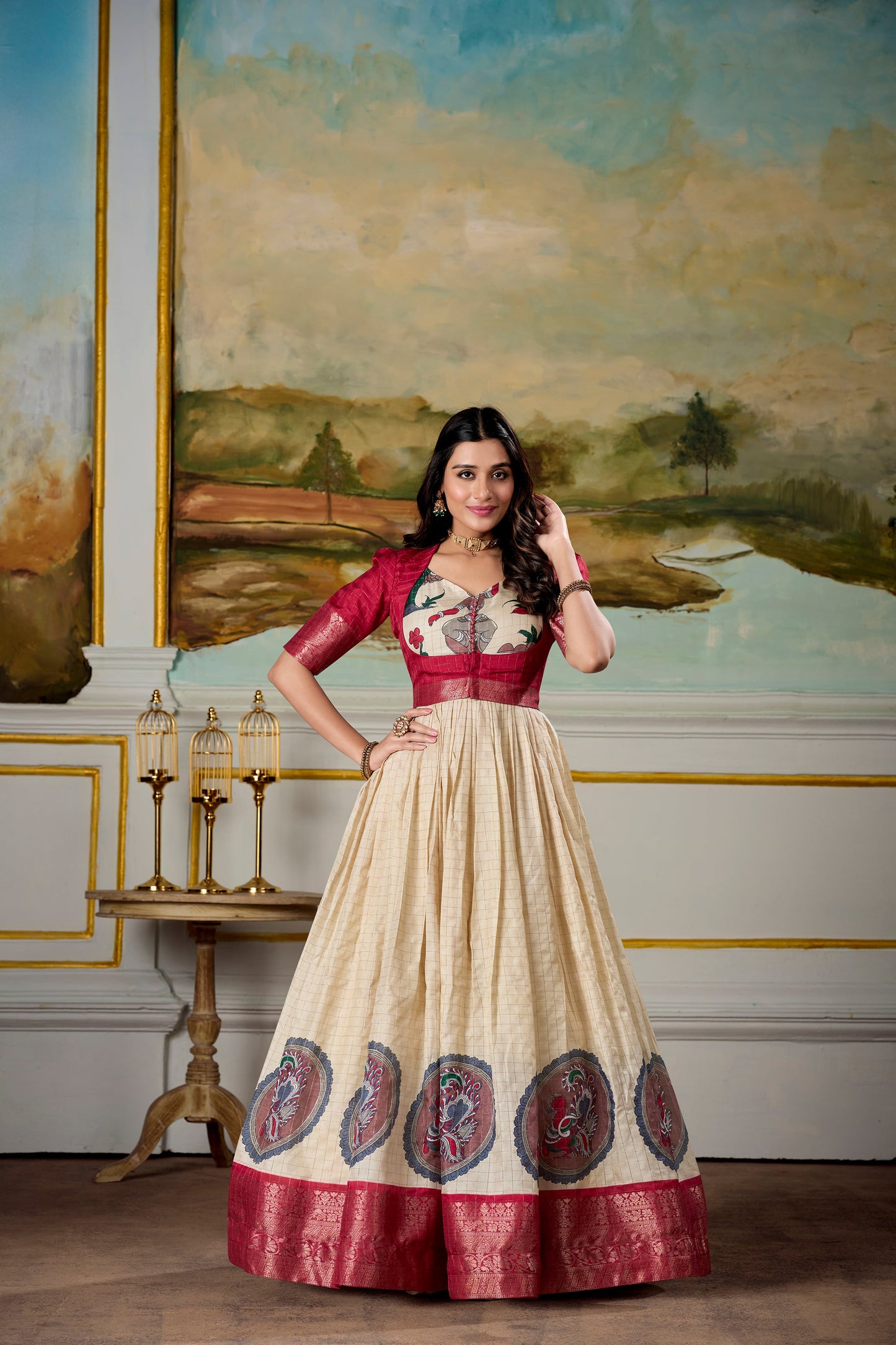 Lorenvalley Fashion Cream and Red Dola Silk Kalamkari Print With Zari Weaving Broder Gown with Koti | Swadesiicart