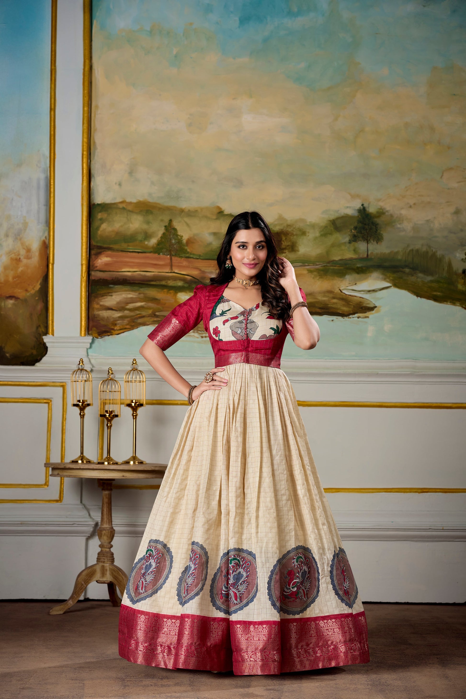 Lorenvalley Fashion Cream and Red Dola Silk Kalamkari Print With Zari Weaving Broder Gown with Koti | Swadesiicart