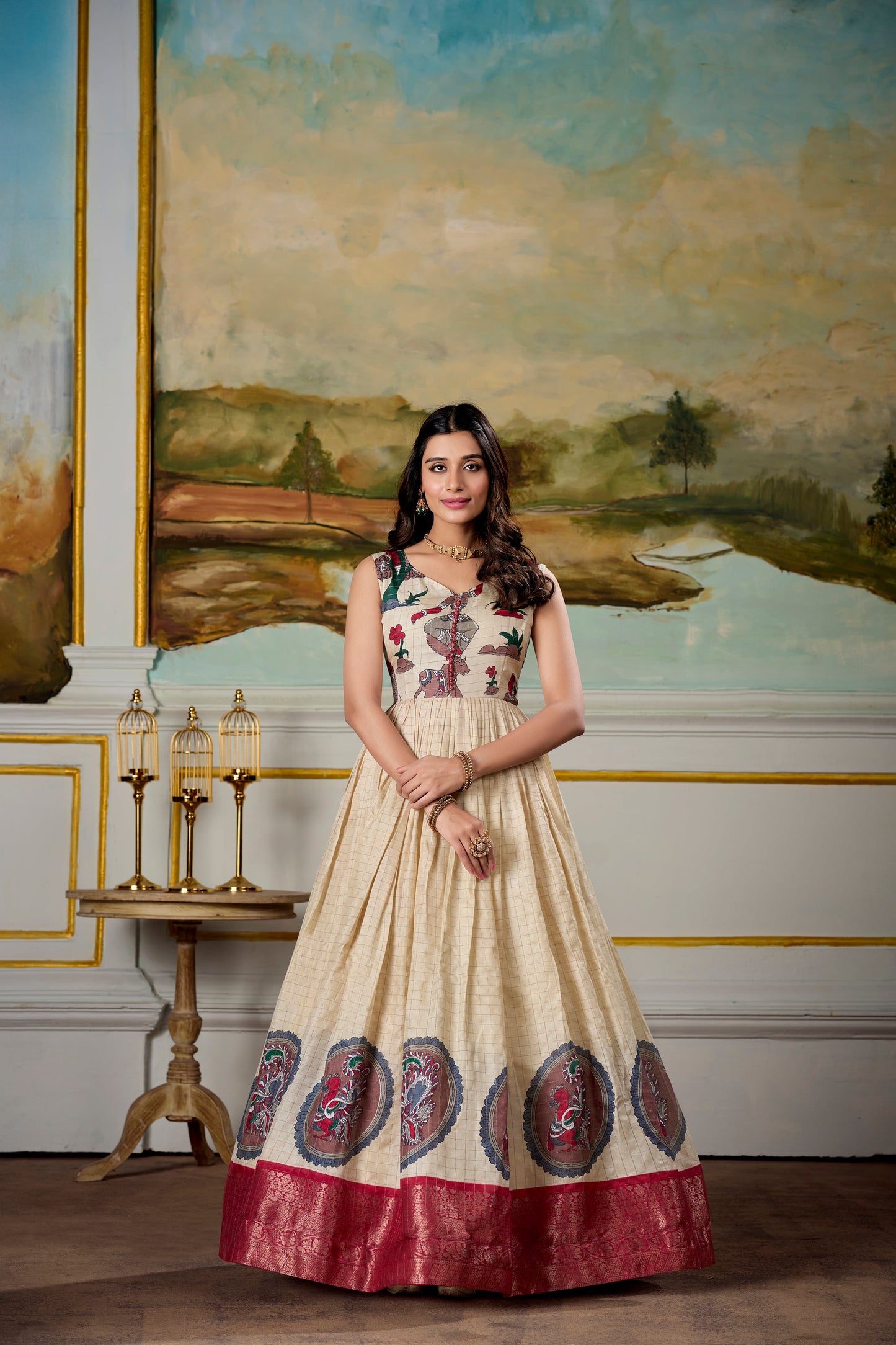 Lorenvalley Fashion Cream and Red Dola Silk Kalamkari Print With Zari Weaving Broder Gown with Koti | Swadesiicart