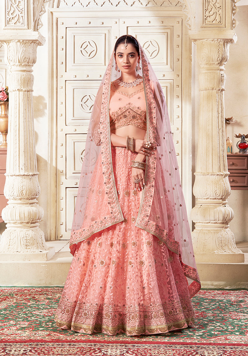Monjolika Fashion Peach Net Thread Embroidery And Dimond Work Lehenga Choli - Swadesiicart
