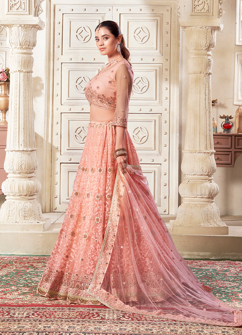 Monjolika Fashion Peach Net Thread Embroidery And Dimond Work Lehenga Choli - Swadesiicart