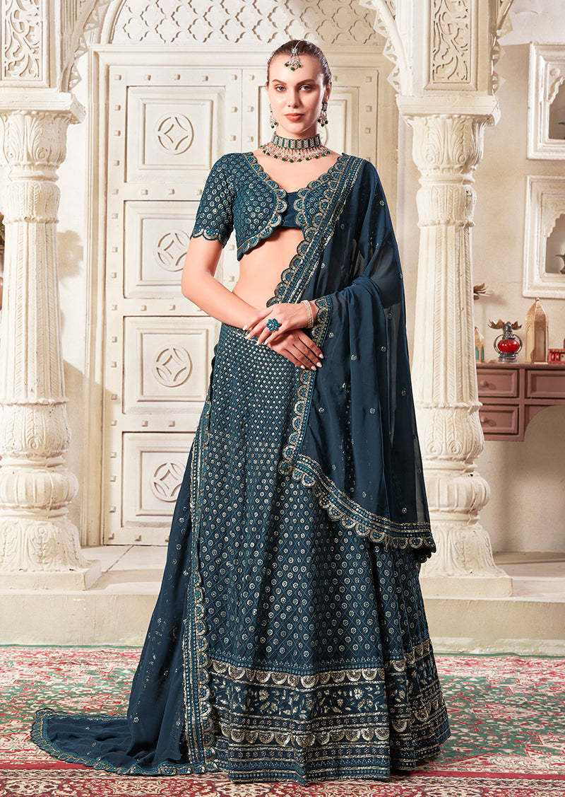 Monjolika Fashion Dark Teal Embroidered And SequinsWork Georgette Designer Lehenga Choli - Swadesiicart