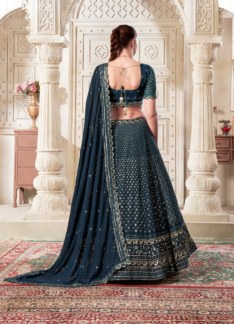 Monjolika Fashion Dark Teal Embroidered And SequinsWork Georgette Designer Lehenga Choli - Swadesiicart