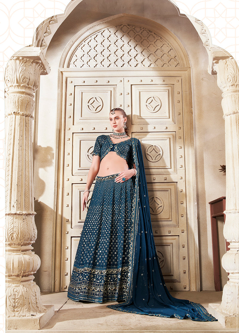 Monjolika Fashion Dark Teal Embroidered And SequinsWork Georgette Designer Lehenga Choli - Swadesiicart