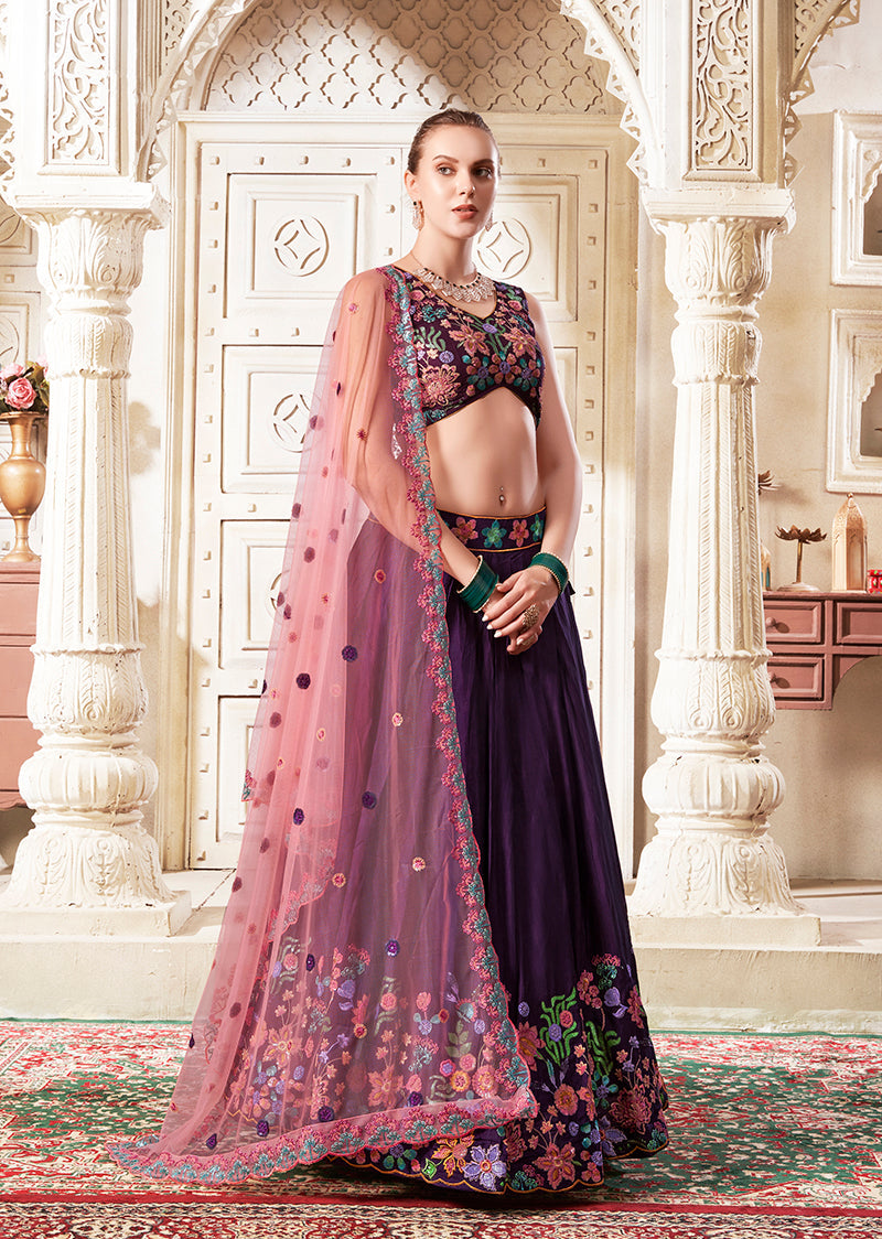 Monjolika Fashion Embroidered Silk Purple Trendy Lehenga Choli - Swadesiicart