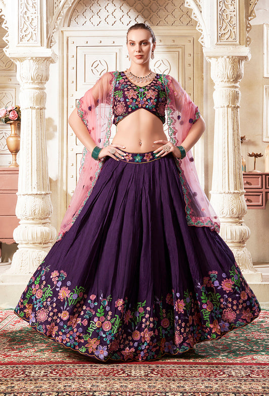 Monjolika Fashion Embroidered Silk Purple Trendy Lehenga Choli - Swadesiicart