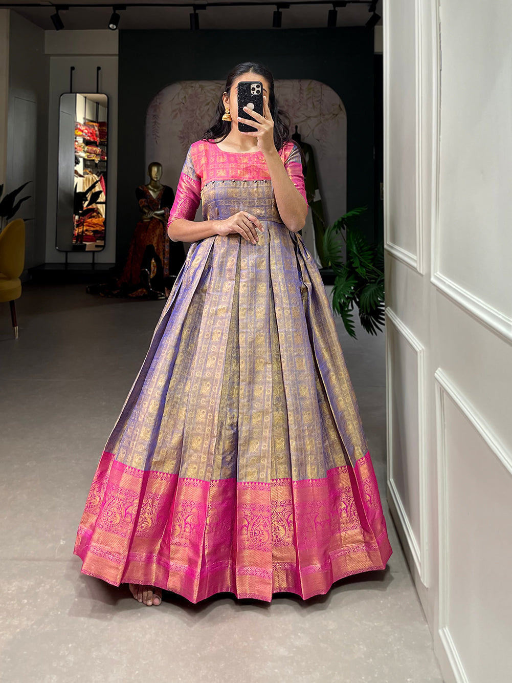 Lorenvalley Blue Kanjivaram Zari Weaving Work Gown | Swadesiicart