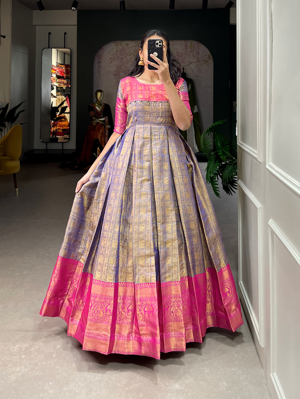 Lorenvalley Blue Kanjivaram Zari Weaving Work Gown | Swadesiicart
