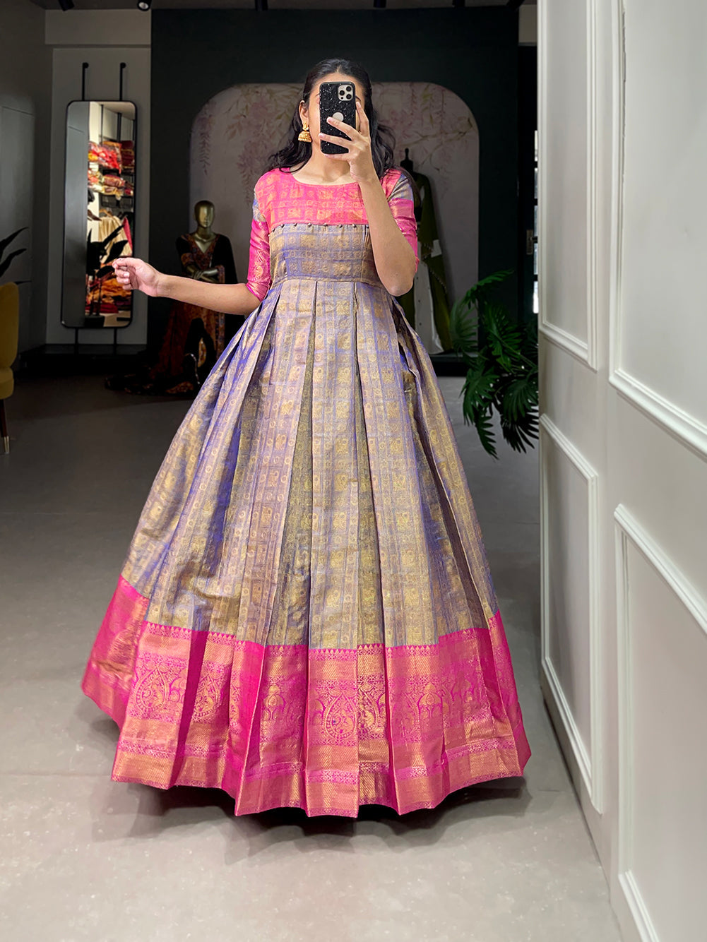 Lorenvalley Blue Kanjivaram Zari Weaving Work Gown | Swadesiicart
