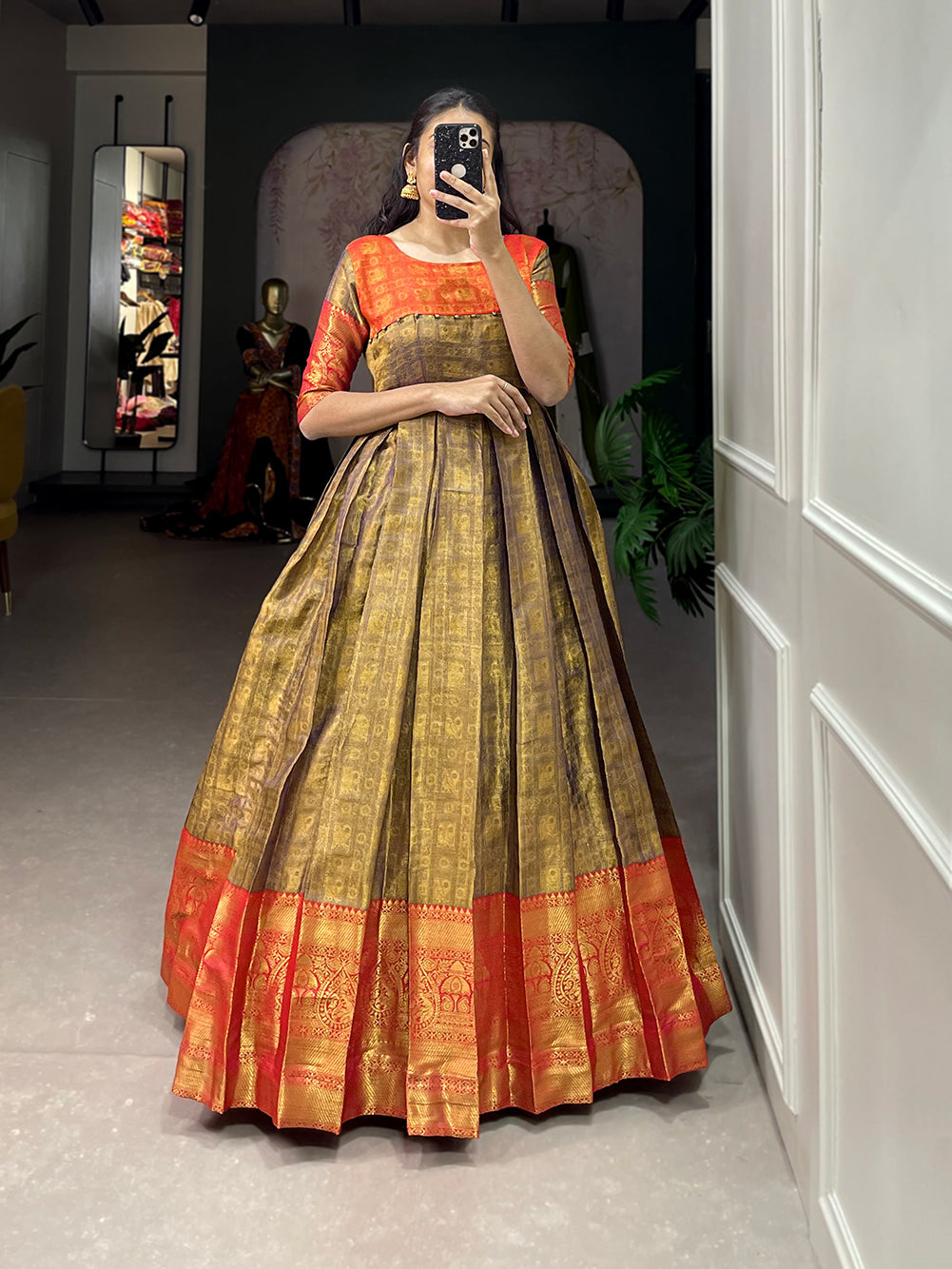 Lorenvalley Mustard Kanjivaram Zari Weaving Work Gown | Swadesiicart
