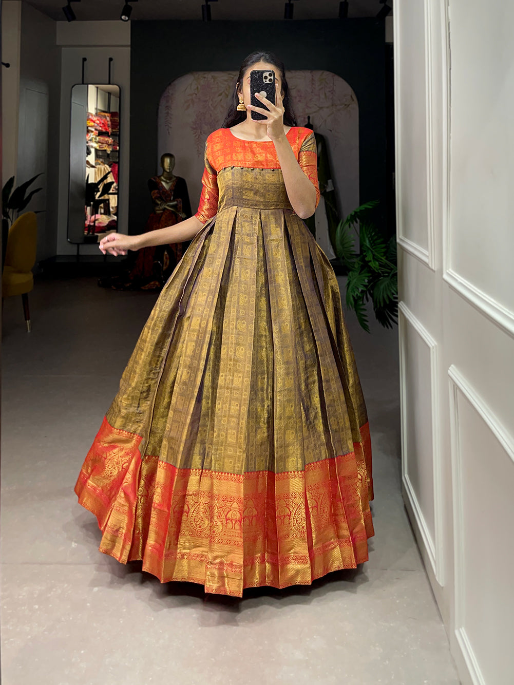 Lorenvalley Mustard Kanjivaram Zari Weaving Work Gown | Swadesiicart