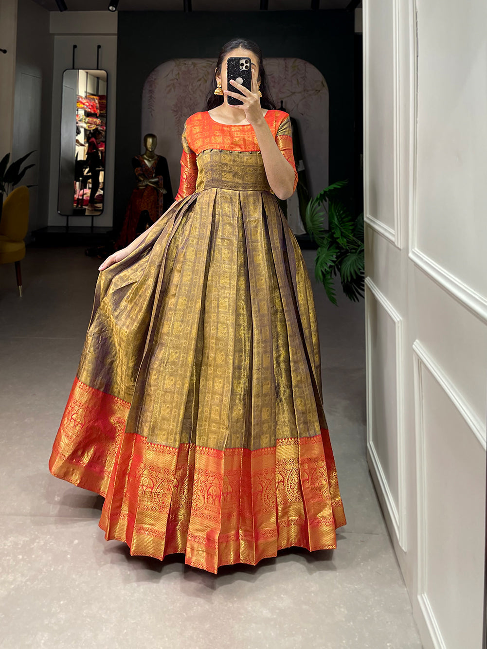 Lorenvalley Mustard Kanjivaram Zari Weaving Work Gown | Swadesiicart