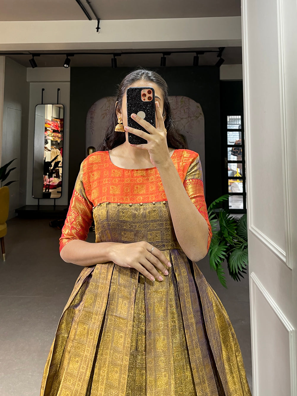 Lorenvalley Mustard Kanjivaram Zari Weaving Work Gown | Swadesiicart