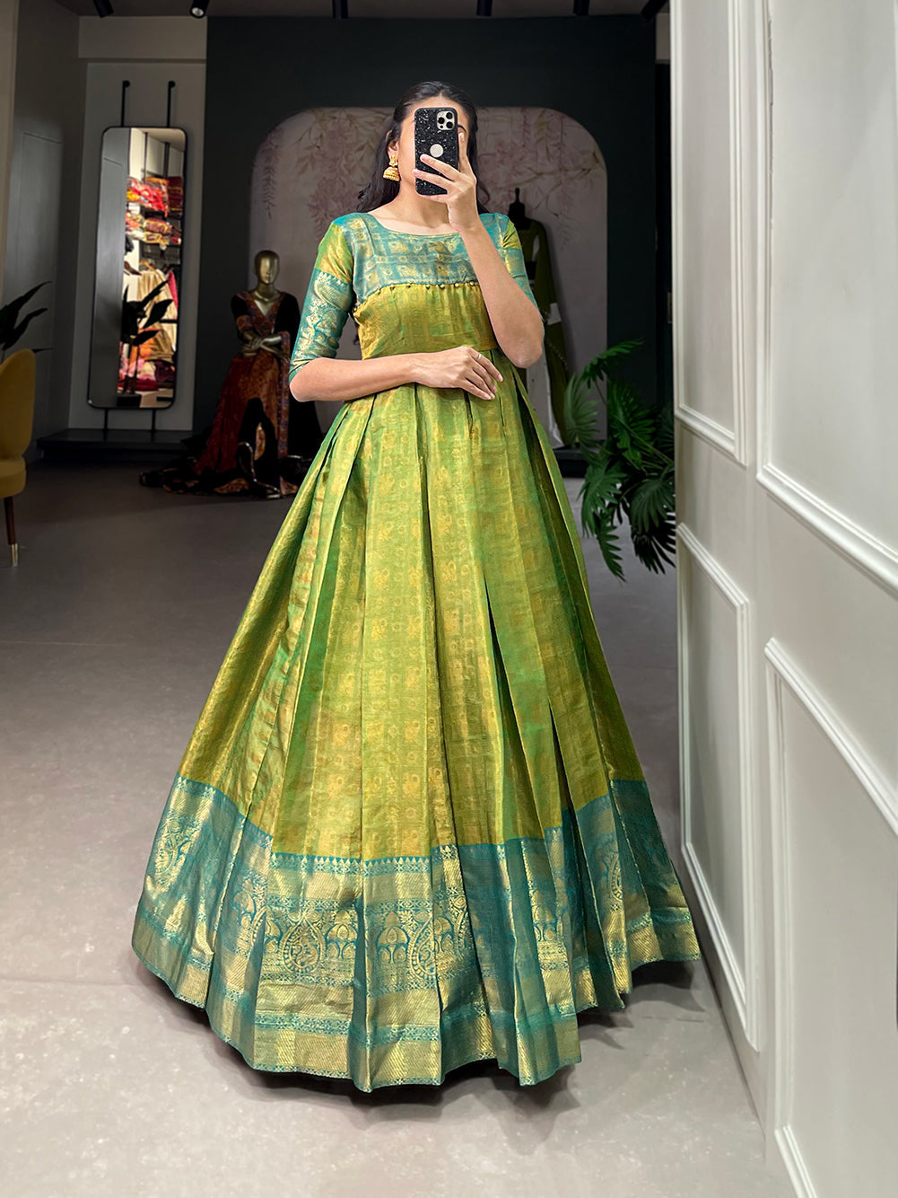 Lorenvalley Parotgreen Kanjivaram Zari Weaving Work Gown | Swadesiicart