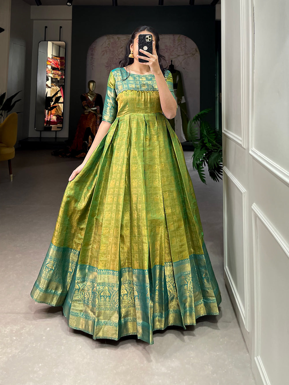 Lorenvalley Parotgreen Kanjivaram Zari Weaving Work Gown | Swadesiicart