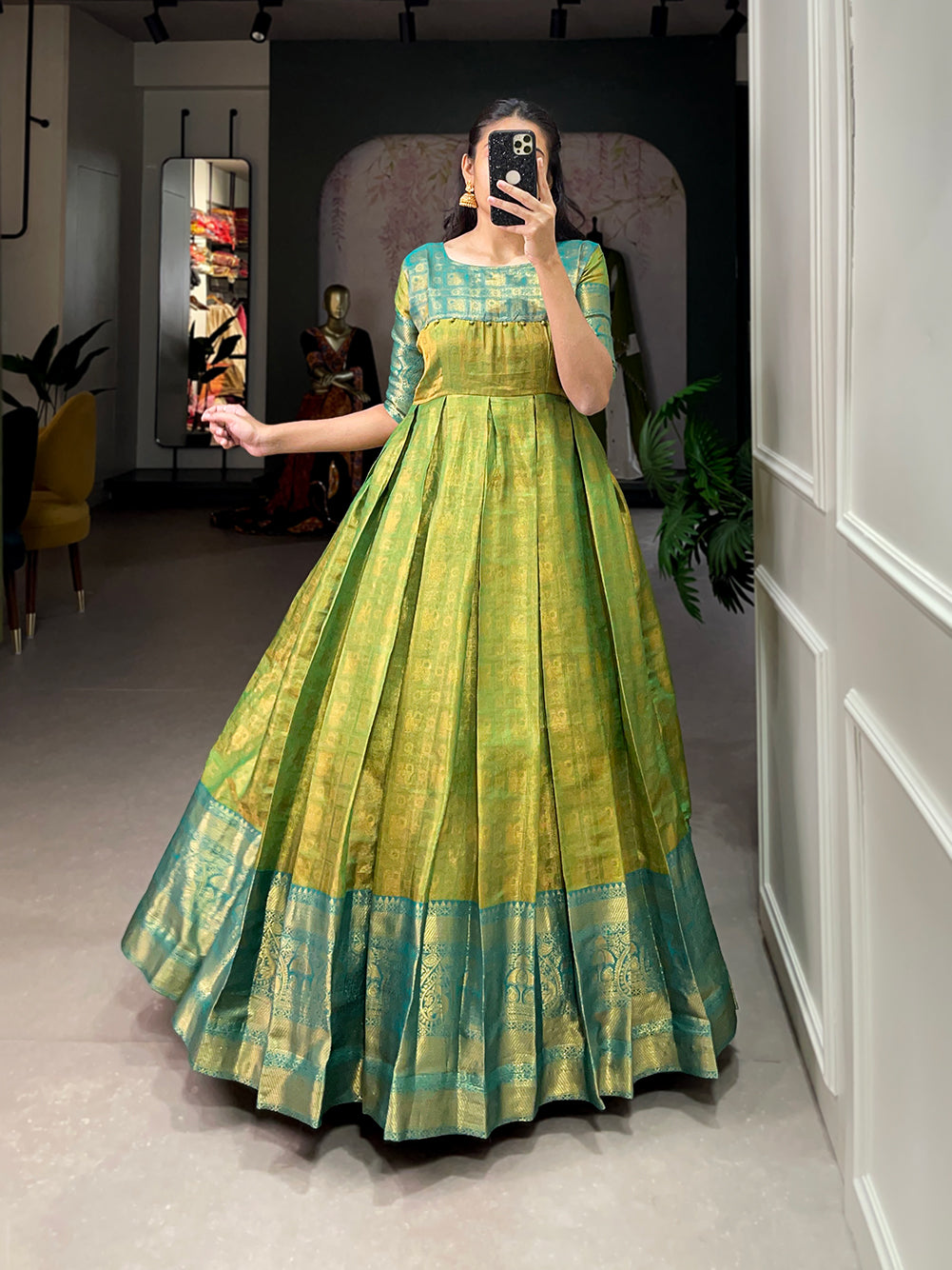 Lorenvalley Parotgreen Kanjivaram Zari Weaving Work Gown | Swadesiicart