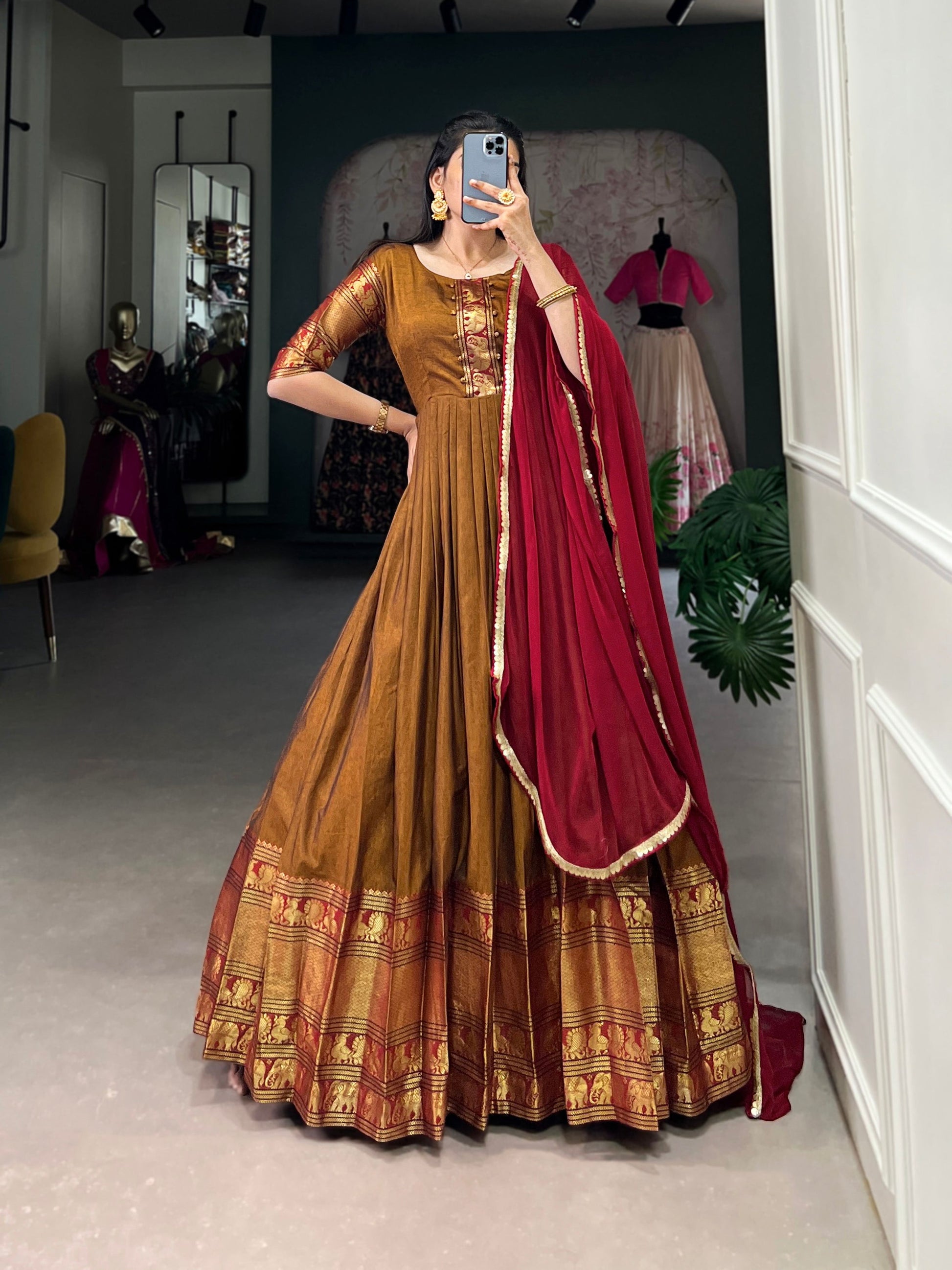 Lorenvalley Fashion Mustard Narayan pet (cotton) Zari weaving work Gown with Dupatta | Swadesiicart