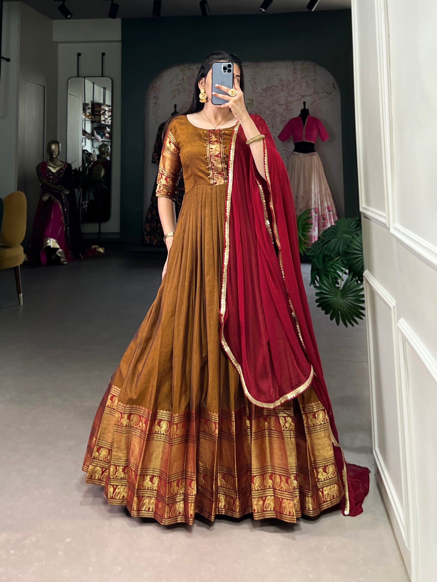 Lorenvalley Fashion Mustard Narayan pet (cotton) Zari weaving work Gown with Dupatta | Swadesiicart