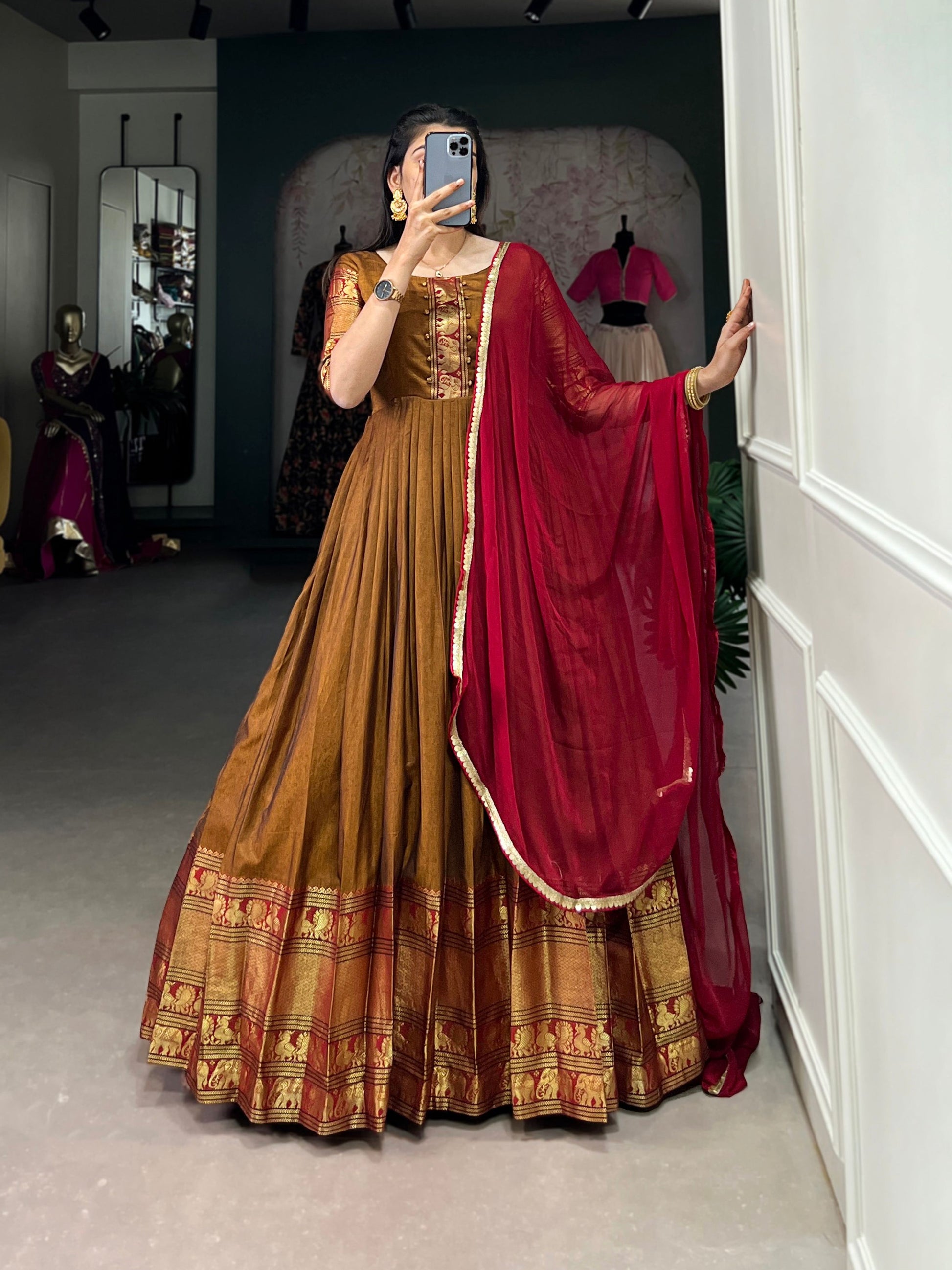 Lorenvalley Fashion Mustard Narayan pet (cotton) Zari weaving work Gown with Dupatta | Swadesiicart