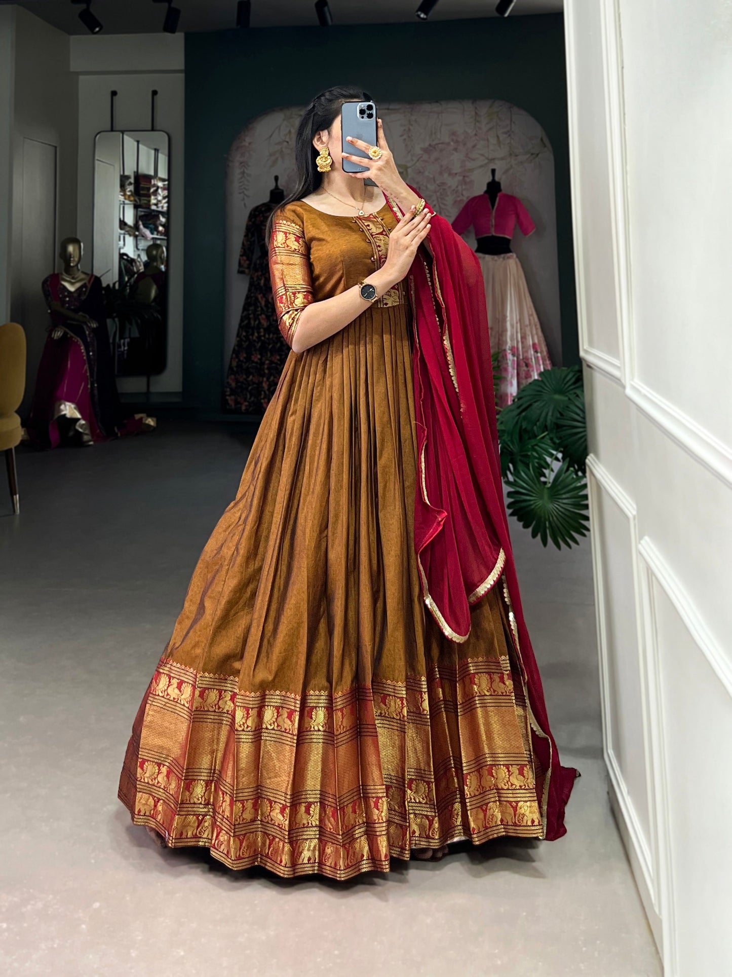 Lorenvalley Fashion Mustard Narayan pet (cotton) Zari weaving work Gown with Dupatta | Swadesiicart