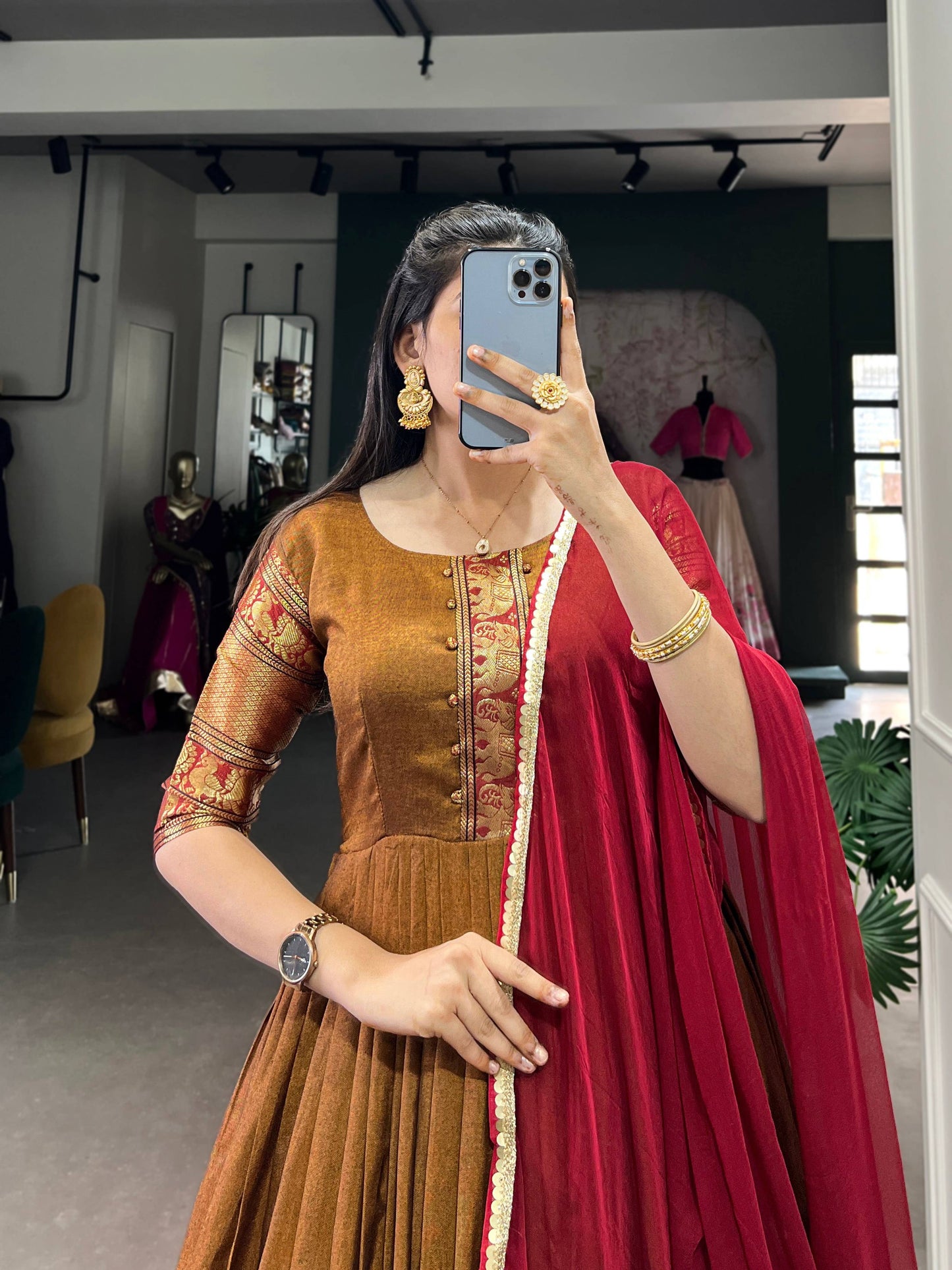 Lorenvalley Fashion Mustard Narayan pet (cotton) Zari weaving work Gown with Dupatta | Swadesiicart