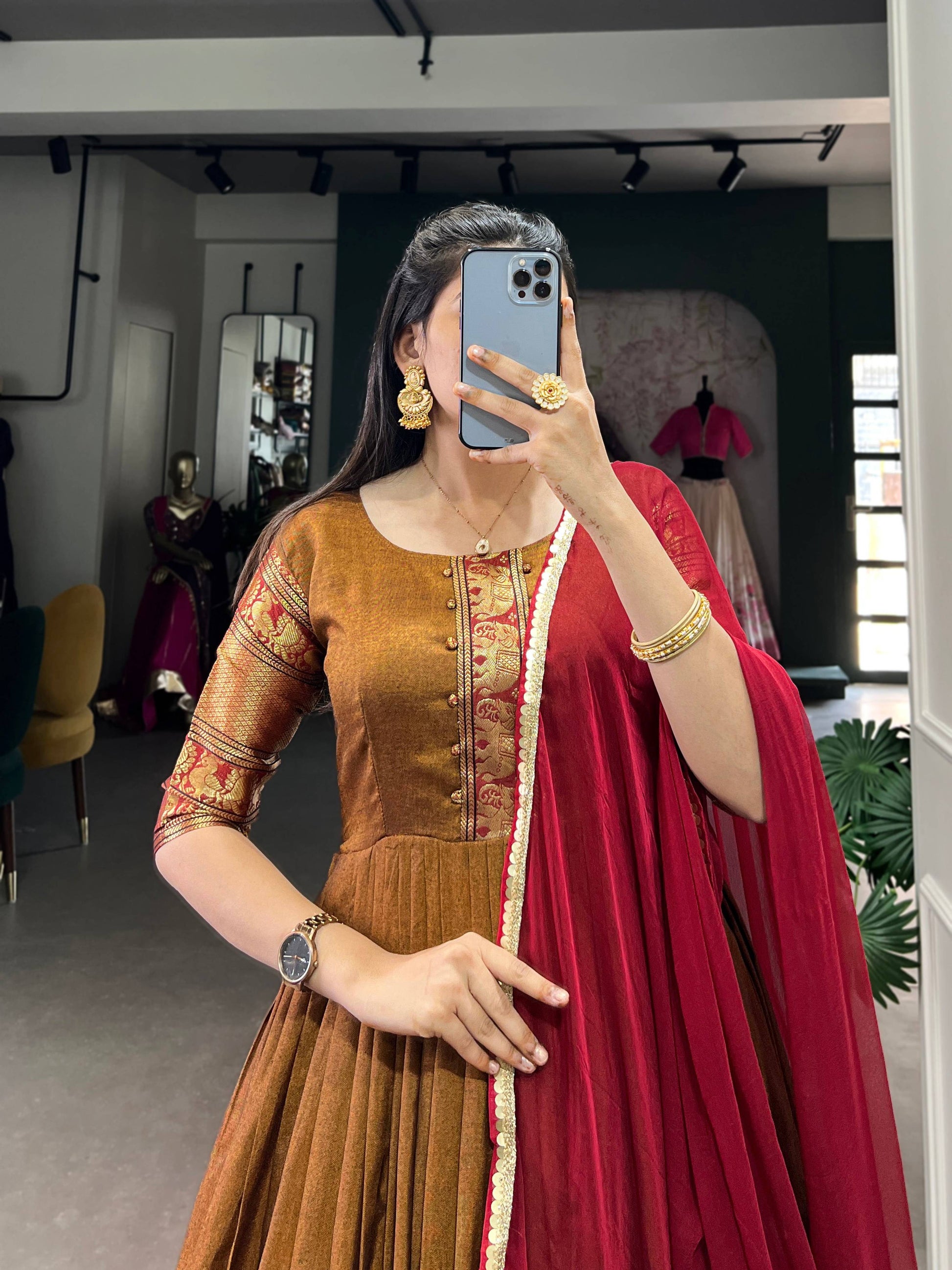Lorenvalley Fashion Mustard Narayan pet (cotton) Zari weaving work Gown with Dupatta | Swadesiicart