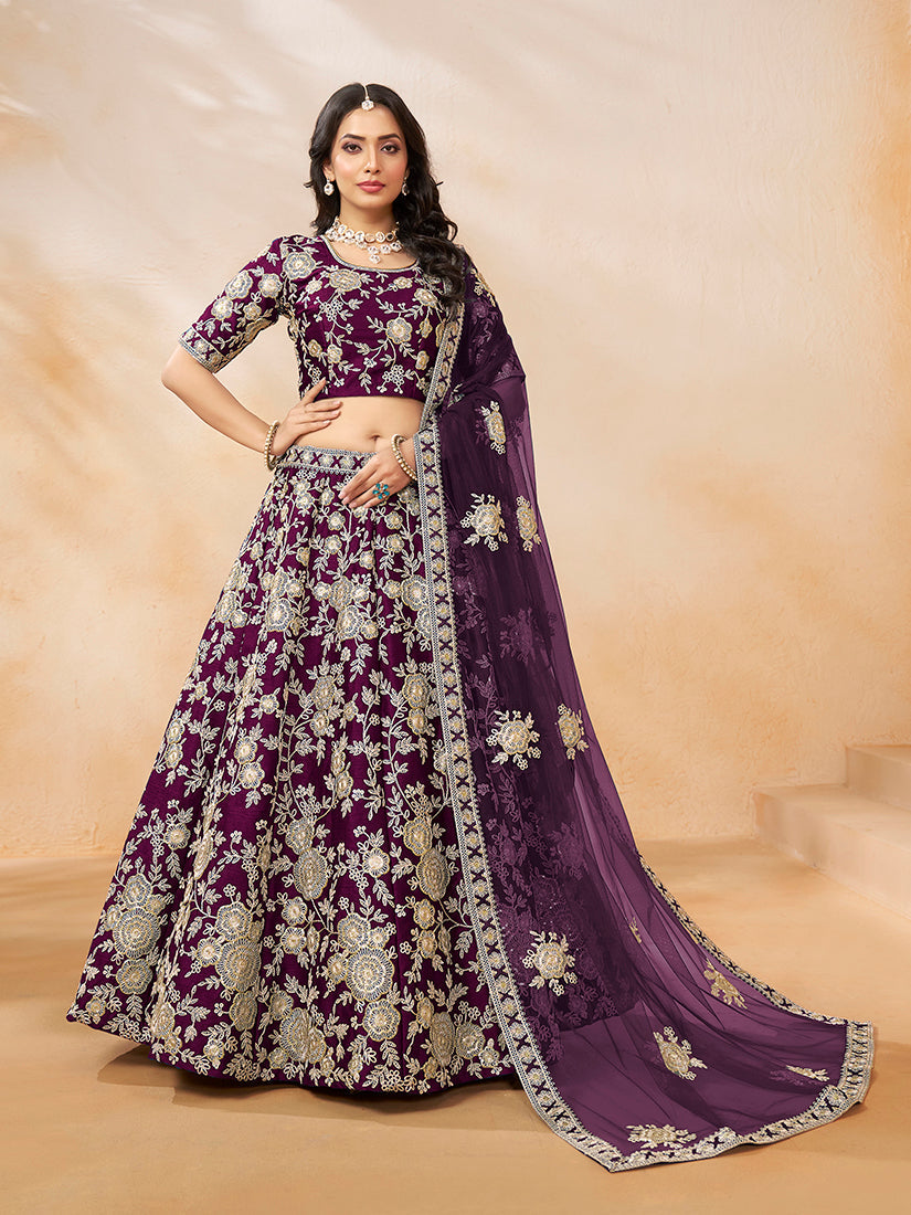 Monjolika Fashion Embroidered Art Silk Purple Lehenga Choli - Swadesiicart