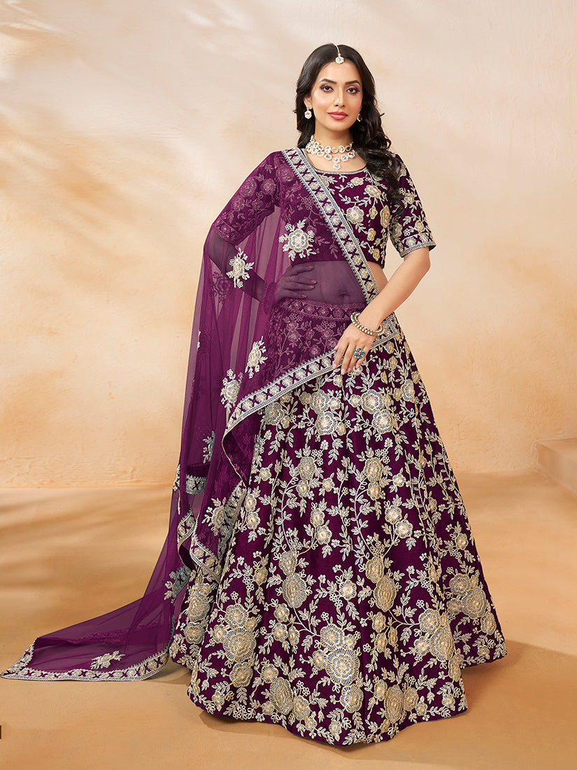 Monjolika Fashion Embroidered Art Silk Purple Lehenga Choli - Swadesiicart