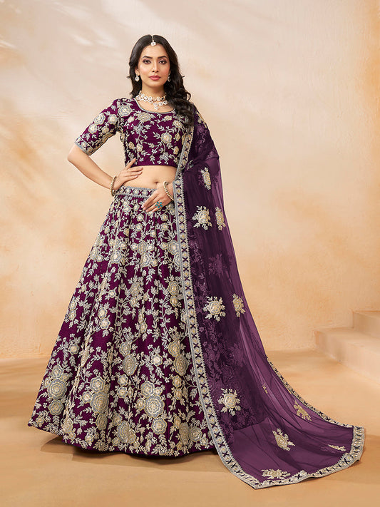 Monjolika Fashion Embroidered Art Silk Purple Lehenga Choli - Swadesiicart
